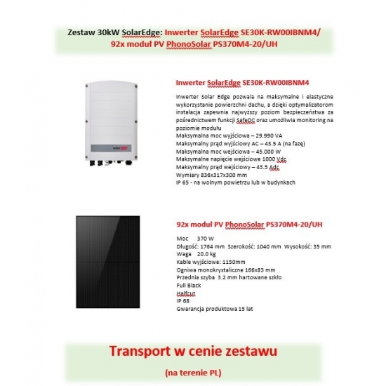 Zestaw 30kW SolarEdge: Inwerter SolarEdge SE30K-RW00IBNM4/ 92x moduł PV PhonoSolar PS370M4-20/UH