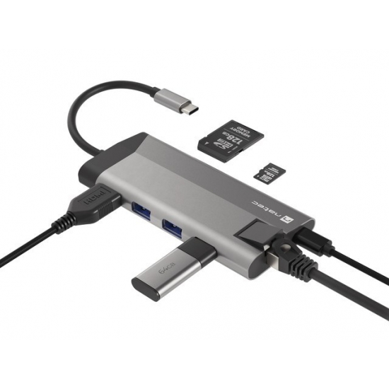 NATEC MULTIPORT ADAPTER FOWLER PLUS USB-C-> USB 3.0 3X, HDMI 4K, USB-C PD, RJ45, MICRO SD NMP-1690