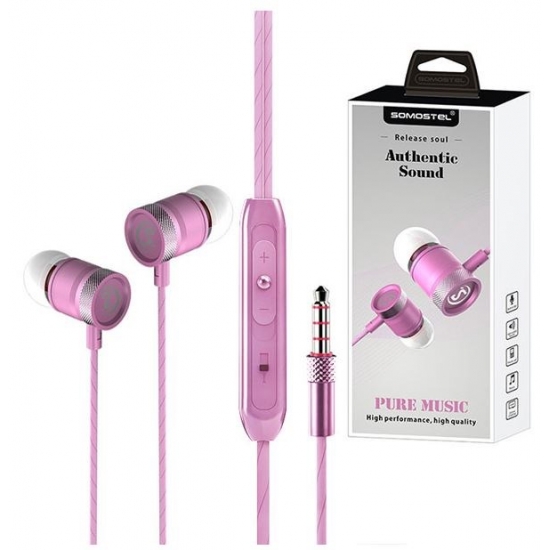 SOMOSTEL SŁUCHAWKI CS03 JACK 3.5MM METALOWE KOMORY DZWIĘKOWE AUTHENTIC BASS+MIKROFON CS03 PINK