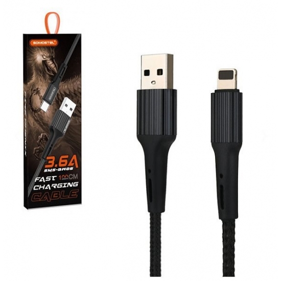 SOMOSTEL KABEL USB IPHONE 3.6A SOMOSTEL CZARNY 3600MAH QUICK CHARGER QC 3.0 1M POWERLINE SMS-BW02 OPLOT TEKSTYLNY