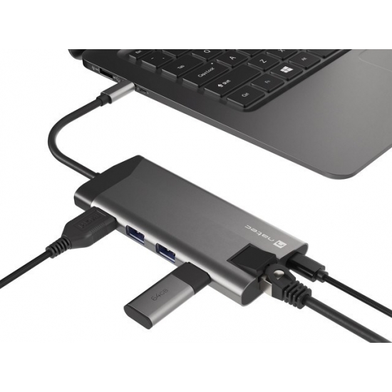 NATEC MULTIPORT ADAPTER FOWLER PLUS USB-C-> USB 3.0 3X, HDMI 4K, USB-C PD, RJ45, MICRO SD NMP-1690