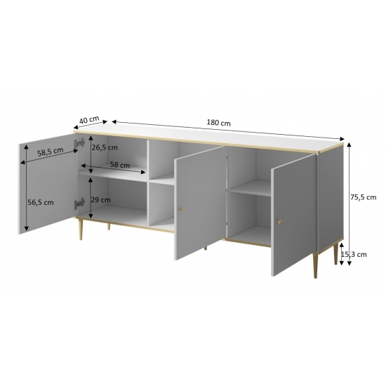 Komoda GLAMOUR 180x40x75,5 biały mat + złoty