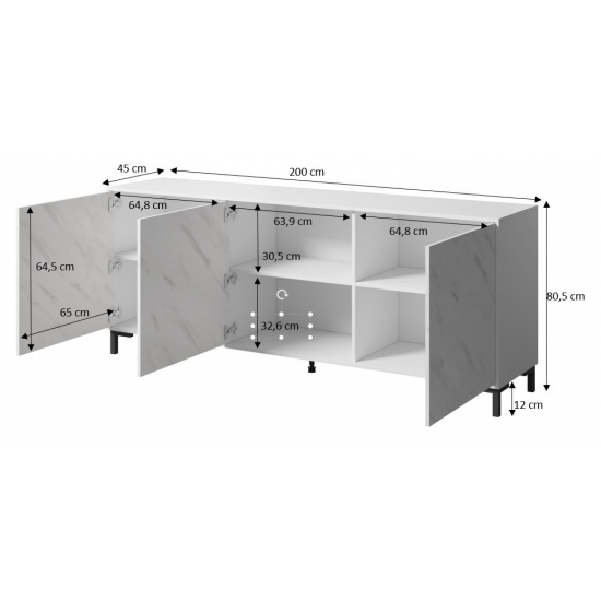 Komoda MARMO 3D 200x45xH80,5 biały mat/marmur biały