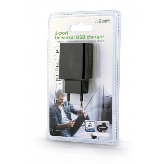 ENERGENIE ŁADOWARKA SIECIOWA 2-PORTOWA EG-U2C2A-03-BK 230V->USB 2.1A, CZARNA