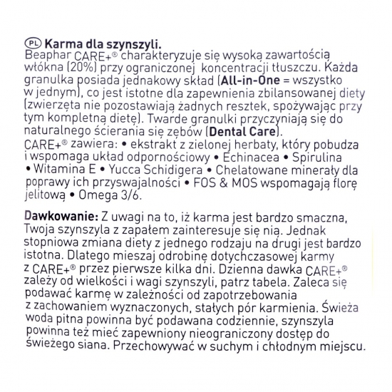 BEAPHAR Care+ - pokarm dla szynszyli 250g