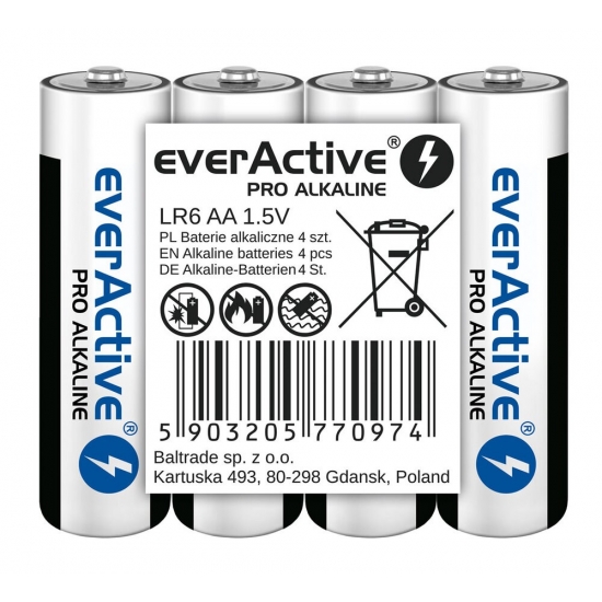 EVERACTIVE BATERIE ALKALICZNE PRO ALKALINE AA, LR6, SHRINK 4 SZT, 1250 MAH, WYSOKA WYDAJNOŚĆ, LR6PRO4T