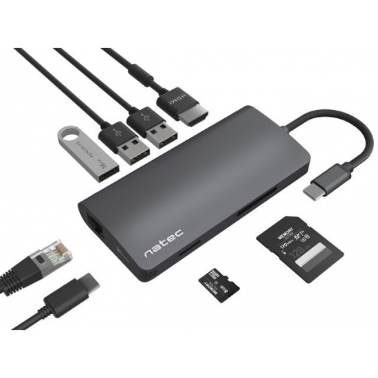 NATEC MULTIPORT FOWLER 2 USB-C PD, 3X USB 3.0, HDMI 4K, RJ45, USB-C, SD, MICRO SD NMP-1773