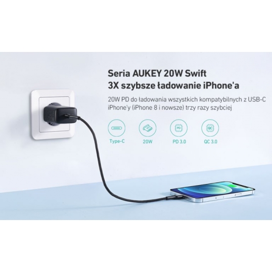 AUEKY PA-R1 BLACK ŁADOWARKA SIECIOWA 20W 1XUSB-C PD