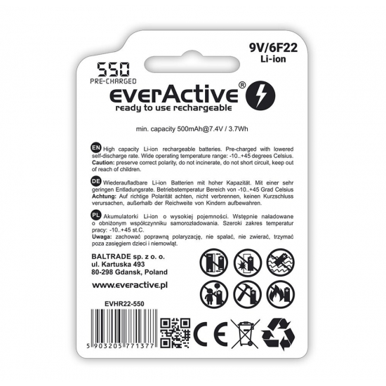 EVERACTIVE AKUMULATOREK 6F22/9V LI-ION 550 MAH EVHR22-550