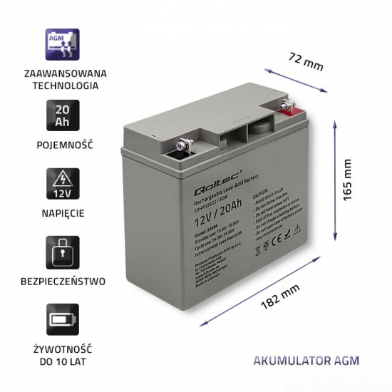 QOLTEC AKUMULATOR AGM 12V | 20AH | MAX.300A